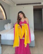Pink Color Faux Georgette Fabric Digital Print With Mirror Work Sharara Set