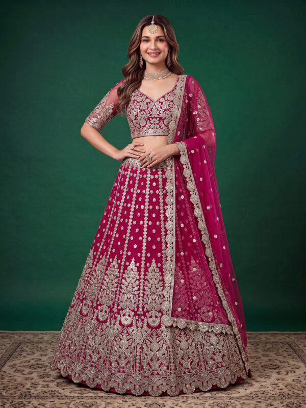Pink Color Soft Net Fabric Multiple Sequence Embroidery Work Bridal Lehenga