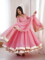 Pink Color Tabby Organza Silk Fabric Real Mirror Hand Work Lehenga Anarkali Suit