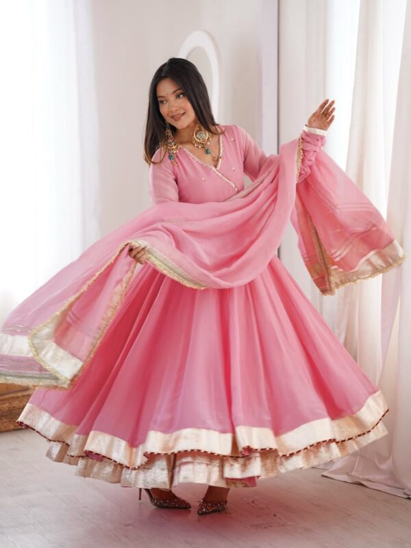 Pink Color Tabby Organza Silk Fabric Real Mirror Hand Work Lehenga Anarkali Suit