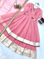 Pink Color Tabby Organza Silk Fabric Real Mirror Hand Work Lehenga Anarkali Suit