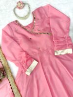 Pink Color Tabby Organza Silk Fabric Real Mirror Hand Work Lehenga Anarkali Suit