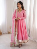 Pink Color Tabby Organza Silk Fabric Real Mirror Hand Work Lehenga Anarkali Suit