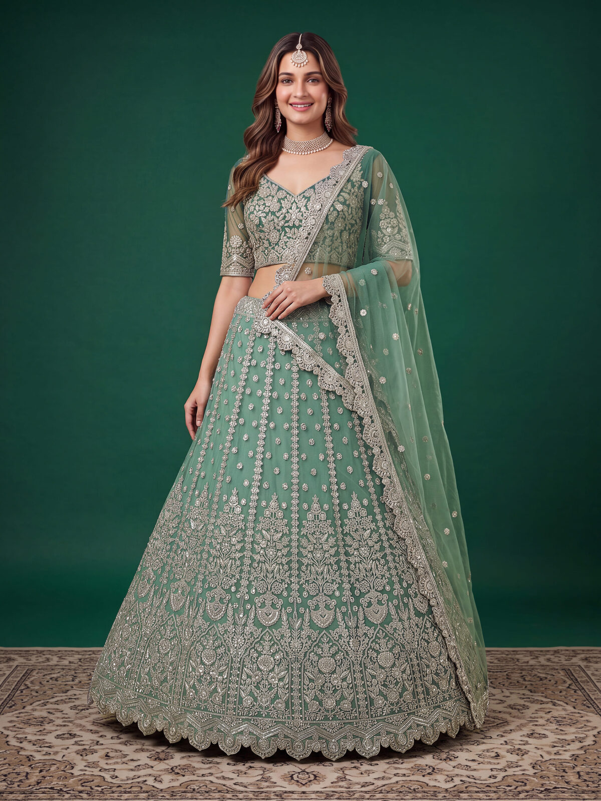 Pista Color Soft Net Fabric Multiple Sequence Embroidery Work Bridal Lehenga
