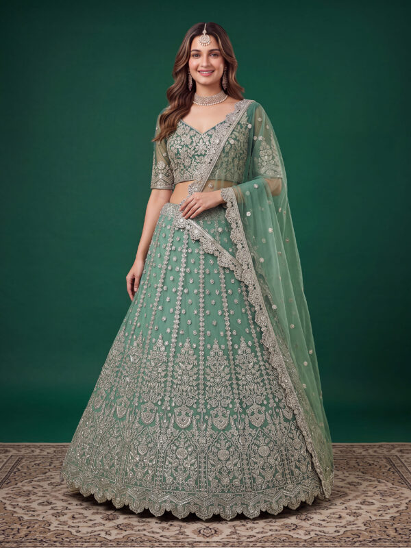 Pista Color Soft Net Fabric Multiple Sequence Embroidery Work Bridal Lehenga