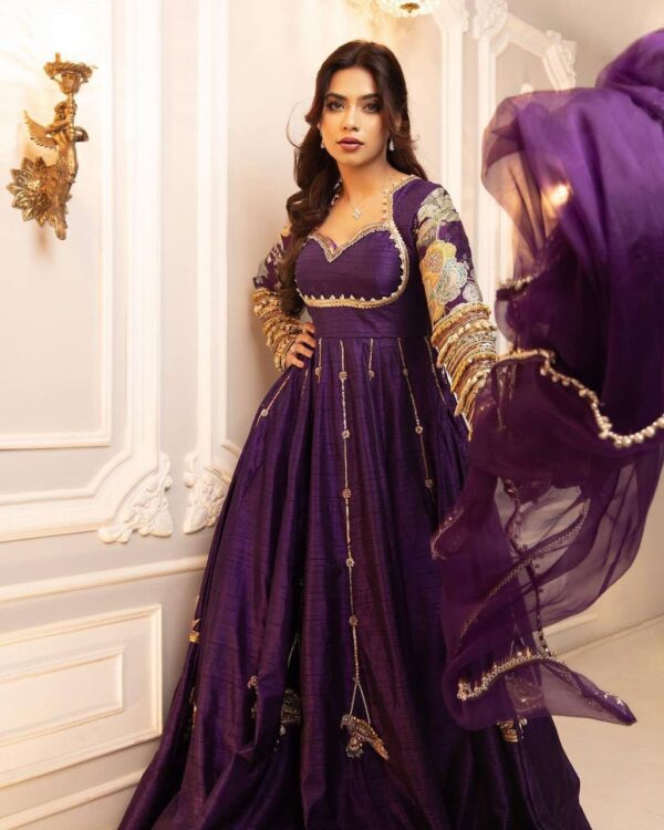 Purple Color Blooming Vichitra Fabric Sequence With Embroidery Jari Work Gown