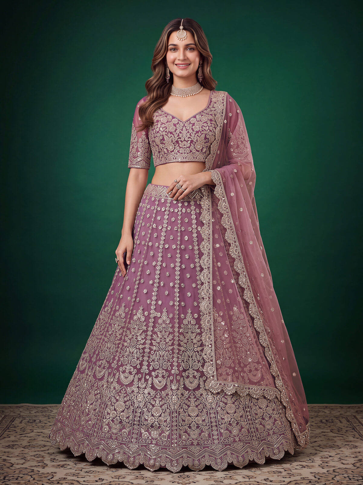 Purple Color Soft Net Fabric Multiple Sequence Embroidery Work Bridal Lehenga