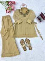 Rakhi Special Cream Color Salsa Crush Fabric Hand Work Shrug Cord Set