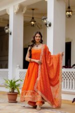 Rakhi Special Orange Color Bandhani Vichitra Silk Fabric Real Mirror Work Palazzo Gown