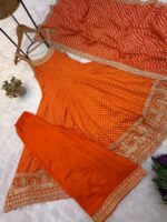 Rakhi Special Orange Color Bandhani Vichitra Silk Fabric Real Mirror Work Palazzo Gown