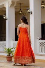 Rakhi Special Orange Color Bandhani Vichitra Silk Fabric Real Mirror Work Palazzo Gown
