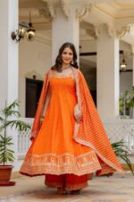 Rakhi Special Orange Color Bandhani Vichitra Silk Fabric Real Mirror Work Palazzo Gown