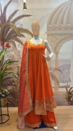 Rakhi Special Orange Color Bandhani Vichitra Silk Fabric Real Mirror Work Palazzo Gown