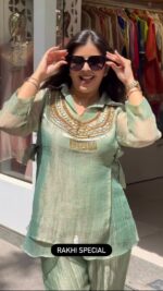Rakhi Special Pista Color Salsa Crush Fabric Hand Work Shrug Cord Set