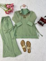 Rakhi Special Pista Color Salsa Crush Fabric Hand Work Shrug Cord Set