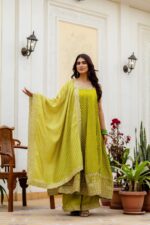 Rakhi Special Pista Green Color Bandhani Vichitra Silk Fabric Real Mirror Work Palazzo Gown