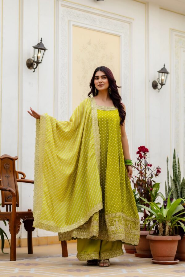 Rakhi Special Pista Green Color Bandhani Vichitra Silk Fabric Real Mirror Work Palazzo Gown