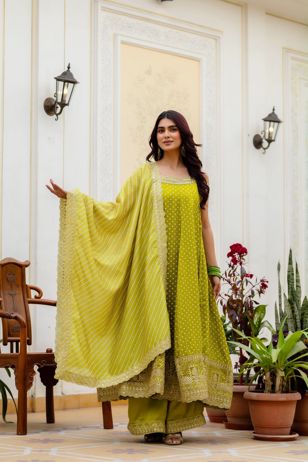 Rakhi Special Pista Green Color Bandhani Vichitra Silk Fabric Real Mirror Work Palazzo Gown
