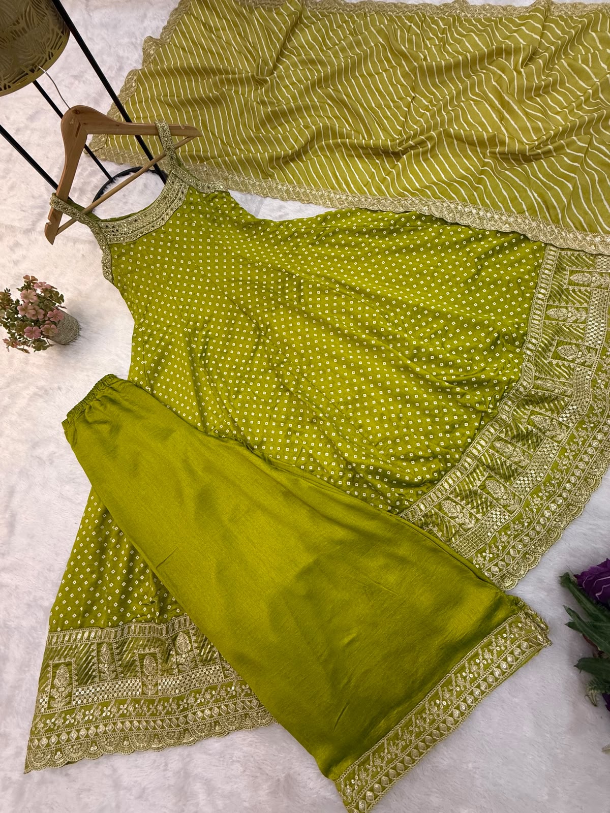 Rakhi Special Pista Green Color Bandhani Vichitra Silk Fabric Real Mirror Work Palazzo Gown