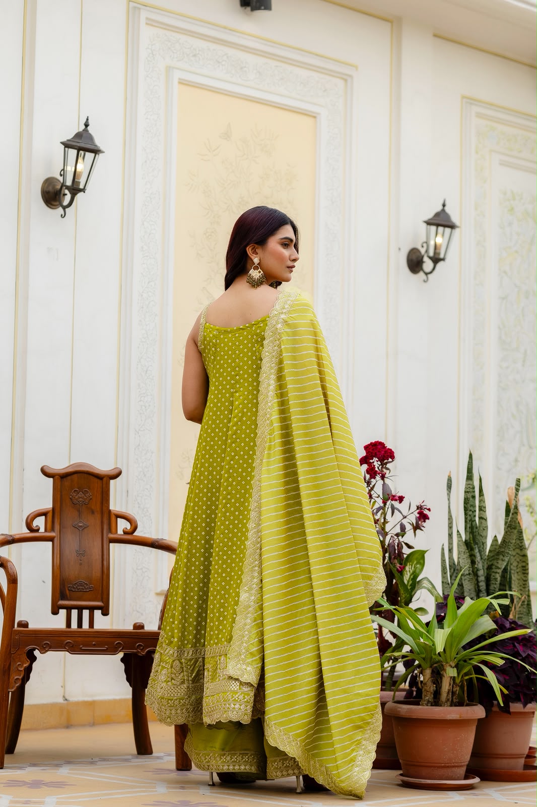 Rakhi Special Pista Green Color Bandhani Vichitra Silk Fabric Real Mirror Work Palazzo Gown