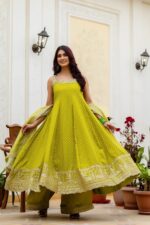 Rakhi Special Pista Green Color Bandhani Vichitra Silk Fabric Real Mirror Work Palazzo Gown