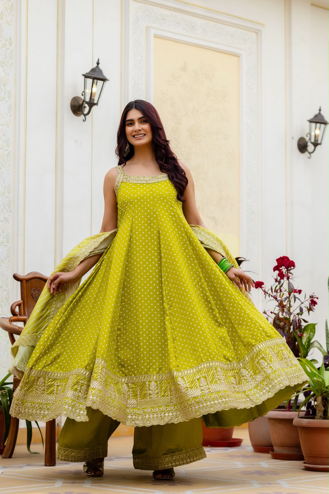Rakhi Special Pista Green Color Bandhani Vichitra Silk Fabric Real Mirror Work Palazzo Gown