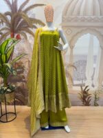 Rakhi Special Pista Green Color Bandhani Vichitra Silk Fabric Real Mirror Work Palazzo Gown