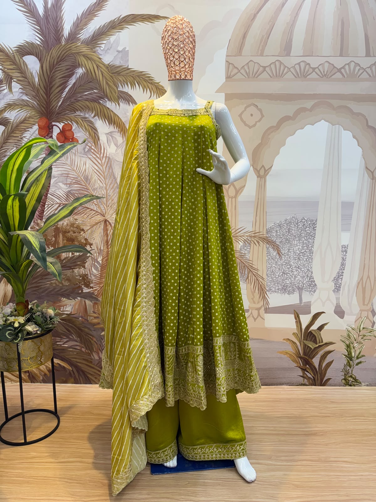 Rakhi Special Pista Green Color Bandhani Vichitra Silk Fabric Real Mirror Work Palazzo Gown