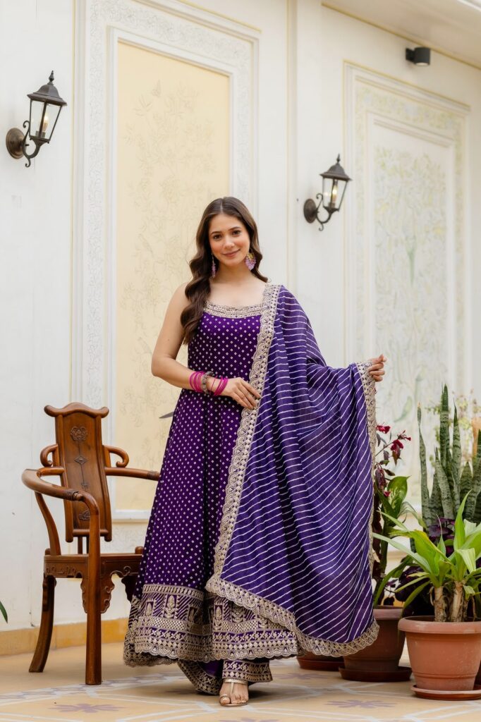 Rakhi Special Purple Color Bandhani Vichitra Silk Fabric Real Mirror Work Palazzo Gown
