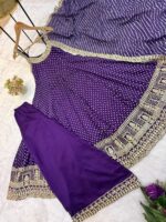 Rakhi Special Purple Color Bandhani Vichitra Silk Fabric Real Mirror Work Palazzo Gown
