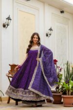 Rakhi Special Purple Color Bandhani Vichitra Silk Fabric Real Mirror Work Palazzo Gown