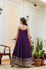 Rakhi Special Purple Color Bandhani Vichitra Silk Fabric Real Mirror Work Palazzo Gown