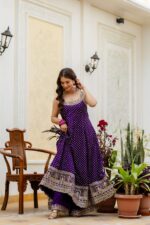 Rakhi Special Purple Color Bandhani Vichitra Silk Fabric Real Mirror Work Palazzo Gown