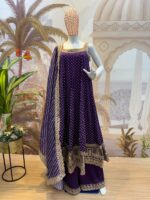 Rakhi Special Purple Color Bandhani Vichitra Silk Fabric Real Mirror Work Palazzo Gown