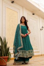 Rakhi Special Teal Blue Color Bandhani Vichitra Silk Fabric Real Mirror Work Palazzo Gown
