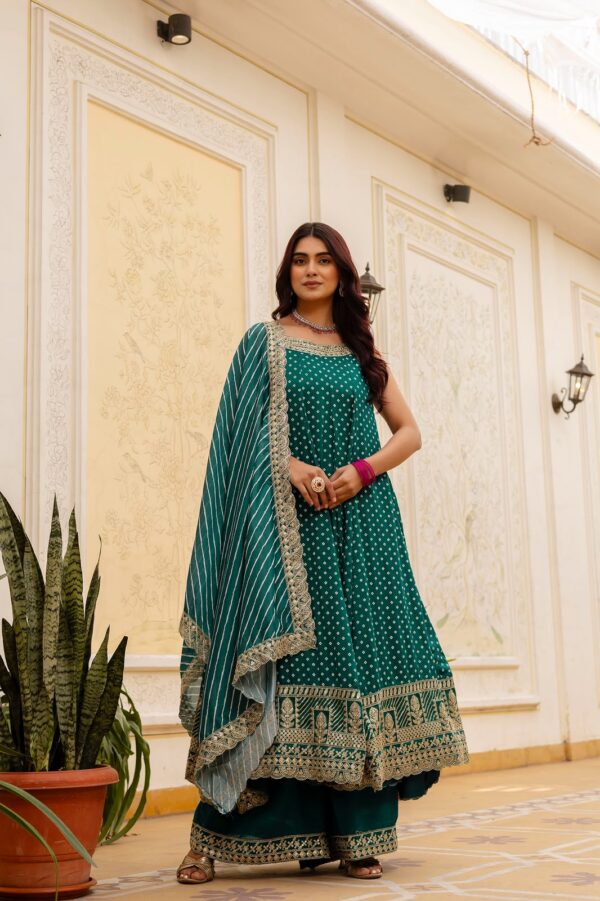 Rakhi Special Teal Blue Color Bandhani Vichitra Silk Fabric Real Mirror Work Palazzo Gown