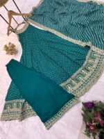 Rakhi Special Teal Blue Color Bandhani Vichitra Silk Fabric Real Mirror Work Palazzo Gown