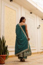 Rakhi Special Teal Blue Color Bandhani Vichitra Silk Fabric Real Mirror Work Palazzo Gown