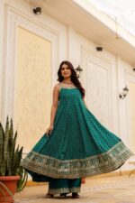 Rakhi Special Teal Blue Color Bandhani Vichitra Silk Fabric Real Mirror Work Palazzo Gown