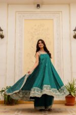 Rakhi Special Teal Blue Color Bandhani Vichitra Silk Fabric Real Mirror Work Palazzo Gown