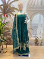 Rakhi Special Teal Blue Color Bandhani Vichitra Silk Fabric Real Mirror Work Palazzo Gown