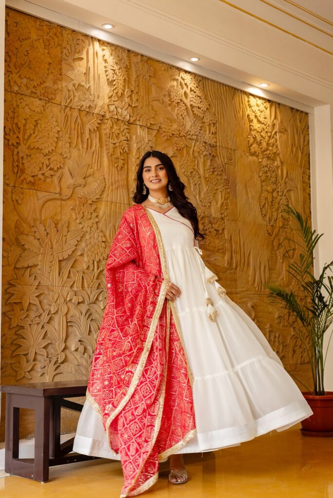 Rakhi Special White Color Nc Moss Fabric Ruffle Style Gown