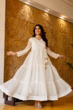 Rakhi Special White Color Nc Moss Fabric Ruffle Style Gown