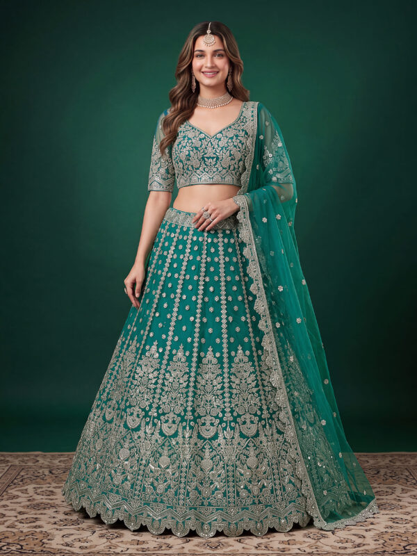 Rama Color Soft Net Fabric Multiple Sequence Embroidery Work Bridal Lehenga
