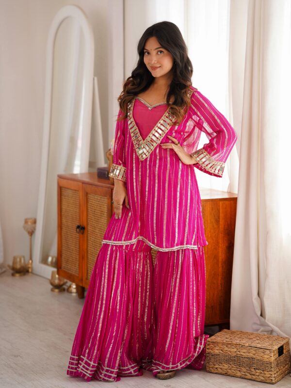 Rani Pink Color Gold Jari Fabric Real Mirror Work Sharara Suit