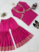 Rani Pink Color Gold Jari Fabric Real Mirror Work Sharara Suit