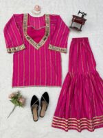 Rani Pink Color Gold Jari Fabric Real Mirror Work Sharara Suit