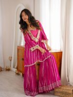 Rani Pink Color Gold Jari Fabric Real Mirror Work Sharara Suit