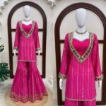 Rani Pink Color Gold Jari Fabric Real Mirror Work Sharara Suit