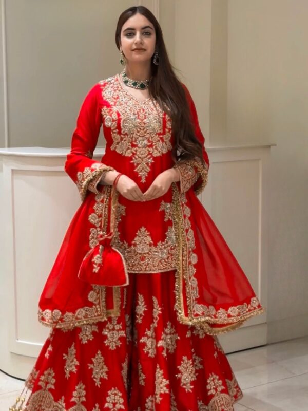 Red Color Chinon Silk Fabric Thread With Sequence Work Palazzo Suit